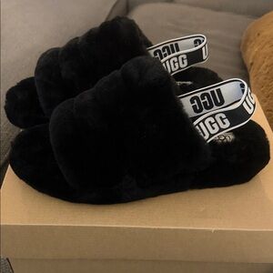 UGG Black Fluffy Slides with Logo Strap